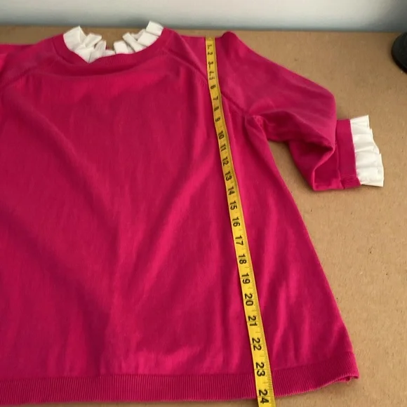 Talbots Pink Sweater with White Ruffle Detailing at Neck and Sleeves. Large - Picture 5 of 8